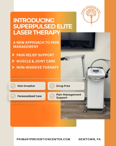 SuperPulsed Elite Laser Therapy is a non-invasive treatment that uses targeted light energy to support the body's natural healing processes, reduce inflammation, and help manage pain and discomfort. This therapy may benefit individuals experiencing muscle soreness, joint stiffness, and certain musculoskeletal conditions. At Primary Prevention Center in Newtown, PA, our team provides personalized SuperPulsed Elite Laser Therapy based on each patient's symptoms, health concerns, and treatment goals. Our approach focuses on improving comfort, supporting mobility, and promoting overall musculoskeletal wellness without surgery or injections. For more information, contact us or request an appointment online. We are located at 638 Newtown-Yardley Road Suite 2G/H, Newtown, PA 18940. SuperPulsed Elite Laser Therapy is a non-invasive treatment that uses targeted light energy to support the body's natural healing processes, reduce inflammation, and help manage pain and discomfort. This therapy may benefit individuals experiencing muscle soreness, joint stiffness, and certain musculoskeletal conditions. At Primary Prevention Center in Newtown, PA, our team provides personalized SuperPulsed Elite Laser Therapy based on each patient's symptoms, health concerns, and treatment goals. Our approach focuses on improving comfort, supporting mobility, and promoting overall musculoskeletal wellness without surgery or injections. For more information, contact us or request an appointment online. We are located at 638 Newtown-Yardley Road Suite 2G/H, Newtown, PA 18940.